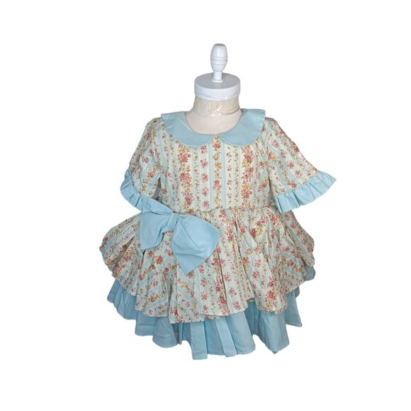 Vintage Fox & Heron Floral Ruffled Dress & Bonnet Set Girls 4 Blue Petticoat